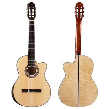 Aukštos kokybės klasikinė gitara 39 colių liepsnos klevas cutway klasikinė gitara su radiano kampo eglės medžio masyvo viršumi su EQ gitara