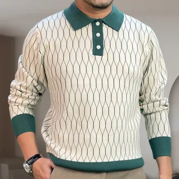 Aukštos kokybės kontrastingo rašto megzti marškinėliai Didelis elastingumas ilgomis rankovėmis plonas apačia atlapas Vyriški gatvės drabužiai Megztas megztinis