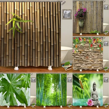 Aukštos kokybės žalio bambuko audinio dušo užuolaidos Neperšlampami augalų lapai Vonios užuolaidos Papuoškite 12 kabliukų
