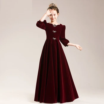 Aukščiausios klasės raudonų gėlių mergaitės suknelė Princesės sijonas Maži vaikai Šeimininkas Fortepijono spektaklio kostiumas Žiema 2023 Nauja