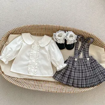 autumn girl baby school style petnešos smėlinukų suknelė vaikams solid ruffle casual ilgomis rankovėmis marškiniai vaikiškas medvilninis pledas onesie