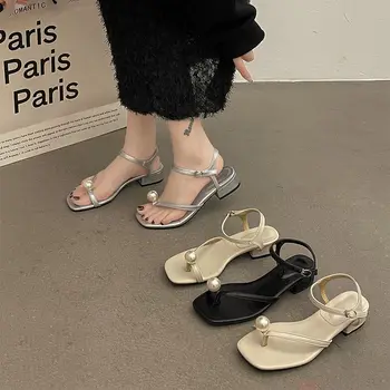 Avalynė su vidutiniais kulniukais Sandalai moteriai 2023 m. vasara Pearl Open Toe moteriški batai Batų dienos išpardavimas Nemokamo pristatymo pasiūlymas Vip