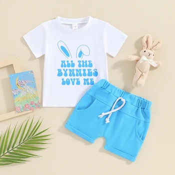 Baby Boy Clothing Velykų trumpomis rankovėmis laiškai Spausdinti marškinėliai su elastiniais juosmens šortais 2 dalių aprangos drabužiai naujagimio komplektas