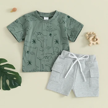 Baby Boys drabužiai apvaliu kaklu trumpomis rankovėmis dinozaurų spausdinimo viršūnės + krovininiai šortai Komplektas Vasaros apranga Drabužiai mažyliams