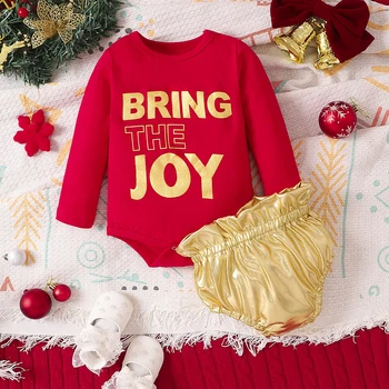 Baby Boys Girls Kalėdinė apranga ilgomis rankovėmis Laiškų spauda Romper Metaliniai šortai Komplektas Drabužiai kūdikiams