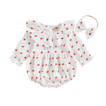 Baby Girl 2Pcs Fall Apranga Širdies / gėlių rašto smėlinukas ilgomis rankovėmis su galvos juostos rinkiniu Kūdikių drabužiai