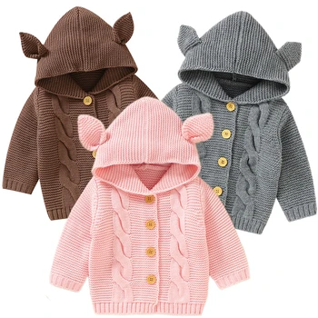 Baby Girl Boy Cardigan Rudens naujagimio drabužiai Animacinis filmas Žieminė striukė Šiltas paltas Megztas megztinis Megztinis su gobtuvu Ausų sagos drabužiai