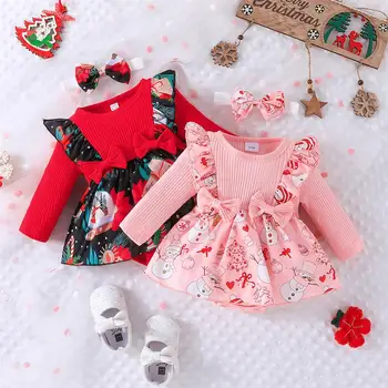 Baby Girl drabužiai Kalėdinis kombinezonas Ruduo Žiema Naujagimiai Rompers Suknelė ilgomis rankovėmis Smėlinukas 0-18 mėnesių