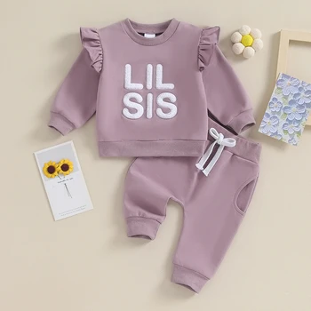 Baby Girl Ruffled ilgomis rankovėmis neryškių raidžių siuvinėjimo viršūnės Vienspalvės kelnės Apranga Rudens 2Vnt drabužiai