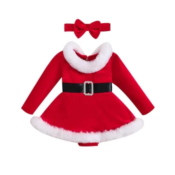 Baby Girls 2Pcs Kalėdinė apranga Kailio apdaila Aksominė romperinė suknelė + galvos apdangalo komplektas Naujagimių drabužėliai