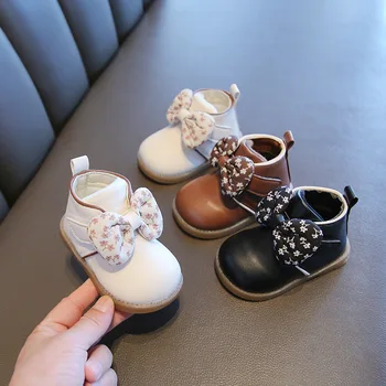 Baby Walking Shoes Soft Paded Fashion Boots Girls Fur Winter New Fashion Toddlers Short Ankle Booties Princess Bow Lether Boots