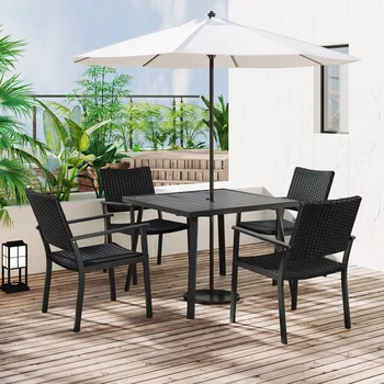 Baldų komplektas Lauko terasa PE Pinti 5 dalių valgomojo stalo komplektas su skėčio skylute ir 4 valgomojo kėdės sodui, deniui