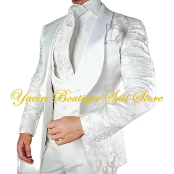 Baltas gėlėtas vestuvinis smokingas jaunikiui Slim fit Vyriški kostiumai su Satin Shawl Lapel Custom Vyriška madinga striukė Liemenė