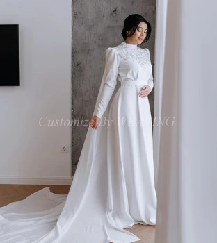 Baltos ilgos rankovės Prom suknelės Aukšto kaklo karoliukai Grindų ilgis Saudo Arabija Vakariniai chalatai Oficiali vakarinė suknelė
