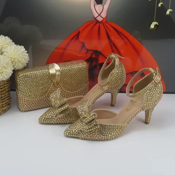 BaoYaFang 2024 New Arrival Champagne Gold Bridal wedding shoes and Bag Female Ladies Party Shoes Ankle Strap Thin High Pumps
