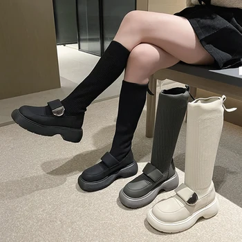 Batai Moterys Naujas 2023 m. Kojinių batai Seksualūs šlaunų aukštakulniai Aukštos seksualios apvalių pirštų kojinės virš kelių Med Guma Balta
