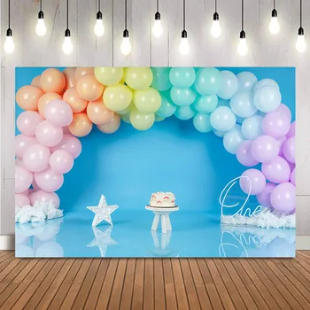 Berniuko gimtadienio fotografija Fonas Mėlyni balionai 1-ojo gimtadienio nuotraukos fonas Vaikų kūdikių portretinis tortas Sudaužytas Foto fonas