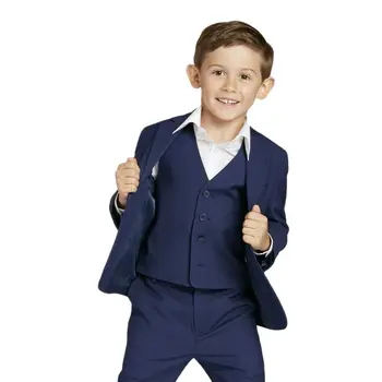Berniuko kostiumas Slim Fit 3 Dalių Tamsiai mėlyna švarko liemenė su kelnėmis Oficialūs vaikų drabužiai gimtadienio vakarėlio vestuvių pasirodymui