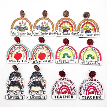 Best Teacher Ever Pencil Rainbow Learn Books Apple Charm Mediniai auskarai moterims Vakarėlių dovanų papuošalai Pendientes серьги 2023 тренд