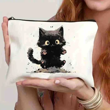Black Cat Animal Printed Moteriškas kosmetikos krepšys Fashion Cartoon School pieštukų dėklai Paprasto dydžio makiažo maišeliai Praktiškas laikymo krepšys