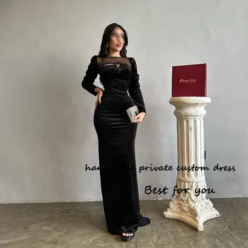 Black Velvet Undinė Vakarinės suknelės ilgomis rankovėmis karoliukais O Kaklas Arabian Dubai Prom suknelė Grindų ilgis Oficialūs vakariniai chalatai