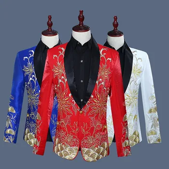 Blazers Fashion Men Stage Suit Striukės Kompiuterizuotos siuvinėtos Satin vyriškos spalvos kostiumas Viena saga Raudona Mėlyna Balta Vyriški drabužiai