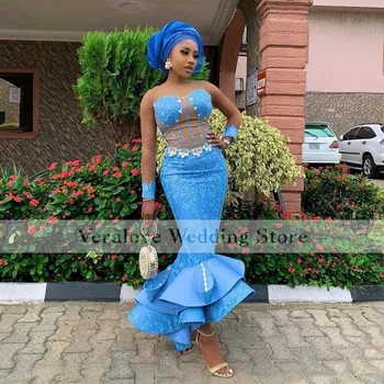 Blue Mermaid Aso Ebi Prom suknelės Vestidos De Fiesta 2021 Kulkšnies ilgis Afrikos moterys Oficialūs vakariniai chalatai