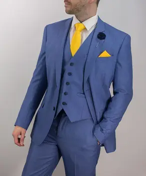 Blue vyriškas kostiumas Slim Fit Vyriškas verslas Laisvalaikio švarkas Vestuvių prom vakarienė Jaunikis Smokingas Vyriški kostiumai 3 vnt.(Švarkas+Kelnės+Liemenė)