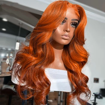 Body Wave Ginger Colour Nėrinių priekyje Žmogaus plaukų perukai moterims Brazilijos apelsinas 13x4 Žmogaus plaukų nėrinių priekinis perukas 30 colių