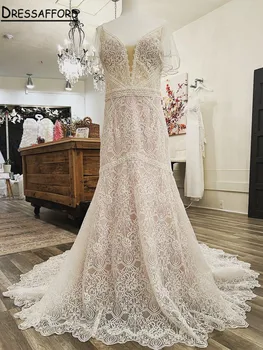 Boho nėriniuota nuotakos undinės vestuvinė suknelė 2023 trumpomis rankovėmis V kaklo princesės nuotakos suknelė