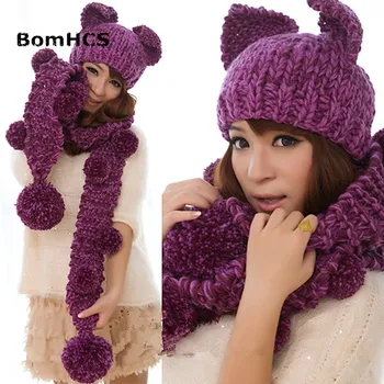 BomHCS Mielos labai šiltos moteriškos žiemos rankų darbo megztos katės ausys, kepurė Beanie & Šalikas su Pom