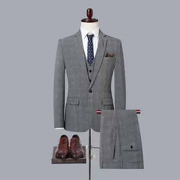 Boutique (Blazer+ Liemenė + Kelnės) Vyrų mados verslas Oficialus britų stilius Print Gentleman Casual Wedding 3 dalių komplektas M-7XL