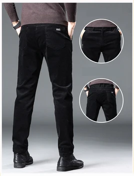 Brand Men Corduroy Casual Pants Business Cotton Solid Color Elastic Regular Slim Fit Kelnės Vyriška pilka Kava Žalia