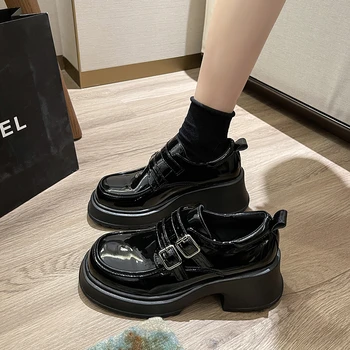 British Style Round Toe Casual Woman Shoe Oxfords Clogs Platform Loafers With Fur Female Footwear Buckle Strap Preppy Leat
