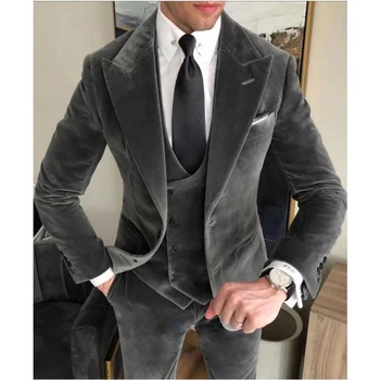 Business Grey Velvet Blazer Sets Wedding Vyriški kostiumai Slim Fit Custome Homme Elegant Formal 3 Pieces Apranga Švarkas+Kelnės+Liemenė