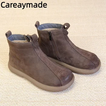 Careaymade-natūralios odos žieminiai nauji plokščiadugniai trumpi batai moteriški matiniai karvės odos šoniniai užtrauktukai Pliušiniai šilti laisvalaikio batai