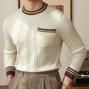 Casual Round Neck Vyrai Megztas megztinis Dryžuotas kontrastingų spalvų kišeninis Vyriškas megztinio režimas Homme kontrastingų spalvų megztinis