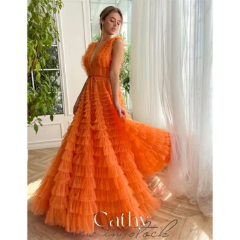 Cathy Orange Plisuotas tiulio prom suknelė nuo rankovių فساتين مناسبة رسمية Sweetheart Aukštos kokybės Vestidos De Noche