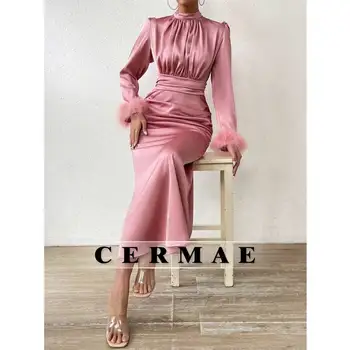 CERMAE Sweet Pink Feather Ball Dress ilgomis rankovėmis Ball Dress WeDdding Occasion Oficiali pamergių suknelė Vakarėlio suknelė 2023 Specialaus renginio suknelė