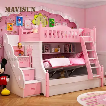 Creative Hot Sale Girls Kids Dviaukštė lova 5–8 metų vaikams Miegamojo baldų dekoravimas Miela rožinė princesės vaikų lova