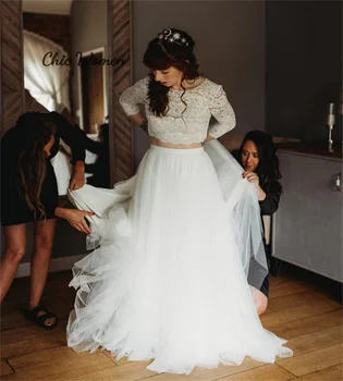 Crop Top Two Piece Wedding Dress 2023 Nėriniai ilgomis rankovėmis Boho Beach nuotakos suknelė Grindų ilgis Tiulis Kaimiškas šalies nuotakos chalatas Chic