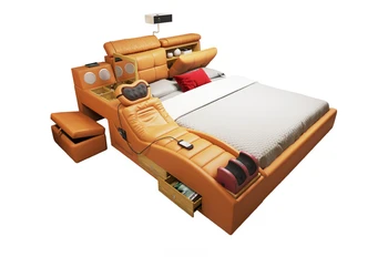 Daugiafunkcinė tatamio lova moderni ir paprasta masažinė lova, odinė dvigulė lova, aukščiausios klasės išmanusis projektorius, vestuvinė lova