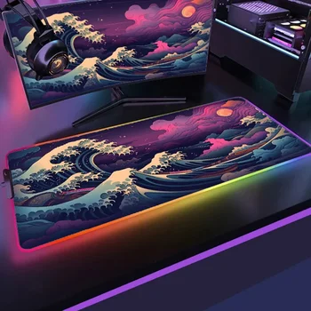 Didelis pelės kilimėlis RGB Great Wave Playmat Kanagawa Mount Fuji žaidimų kompiuteris Stalas Nešiojamas kompiuteris Žaidėjas Apšviestas kilimėlis Stalas Stalo kilimas
