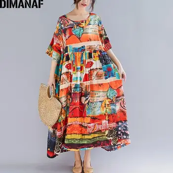 DIMANAF Oversize Women Print Suknelė Summer Sundress Cotton Female Lady Vestidos Loose Casual Holiday Maxi Suknelė Didelis dydis