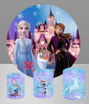 Disney Anna Elsa Apvalus fonas Merginos gimtadienio nuotrauka Fonas Sustingusi princesė Apvalus cilindro viršelis Vakarėlio dekoracijos Rekvizitai