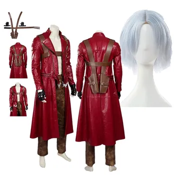 DMC 5 Dante Cosplay kostiumas Fantazija Suaugę vyrai Ilgos raudono palto kelnės Pirštinės Peruko apranga Helovino karnavalo vakarėlis Užmaskuotas kostiumas