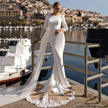 Doymeny Mermaid Modeast vestuvinės suknelės 2024 Satin nėrinių aplikacijos kaušelis Nuotakos chalatai ilgomis rankovėmis paplūdimio vestuvių vakarėlio suknelės
