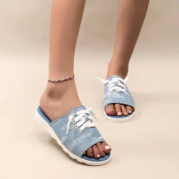Džinsinis nėrinis Dekoratyvinis Vasara Nauji lengvi patogūs paplūdimio batai Kelionės Moteriški batai Šlaito kulnas Šlepetės Moteriški batai