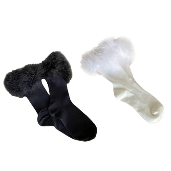 E15E Moteriškos briaunotos medvilninės veršiuko kojinės Saldžios kailinės plunksninės kojinės