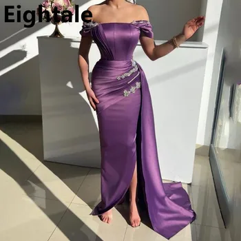 Eightale 2023 Off Shoulder Purple Mermaid Vakarinė suknelė Karoliukais Vakarėlio suknelė Satin Celebrity Prom Chalatai Vestido de Noche